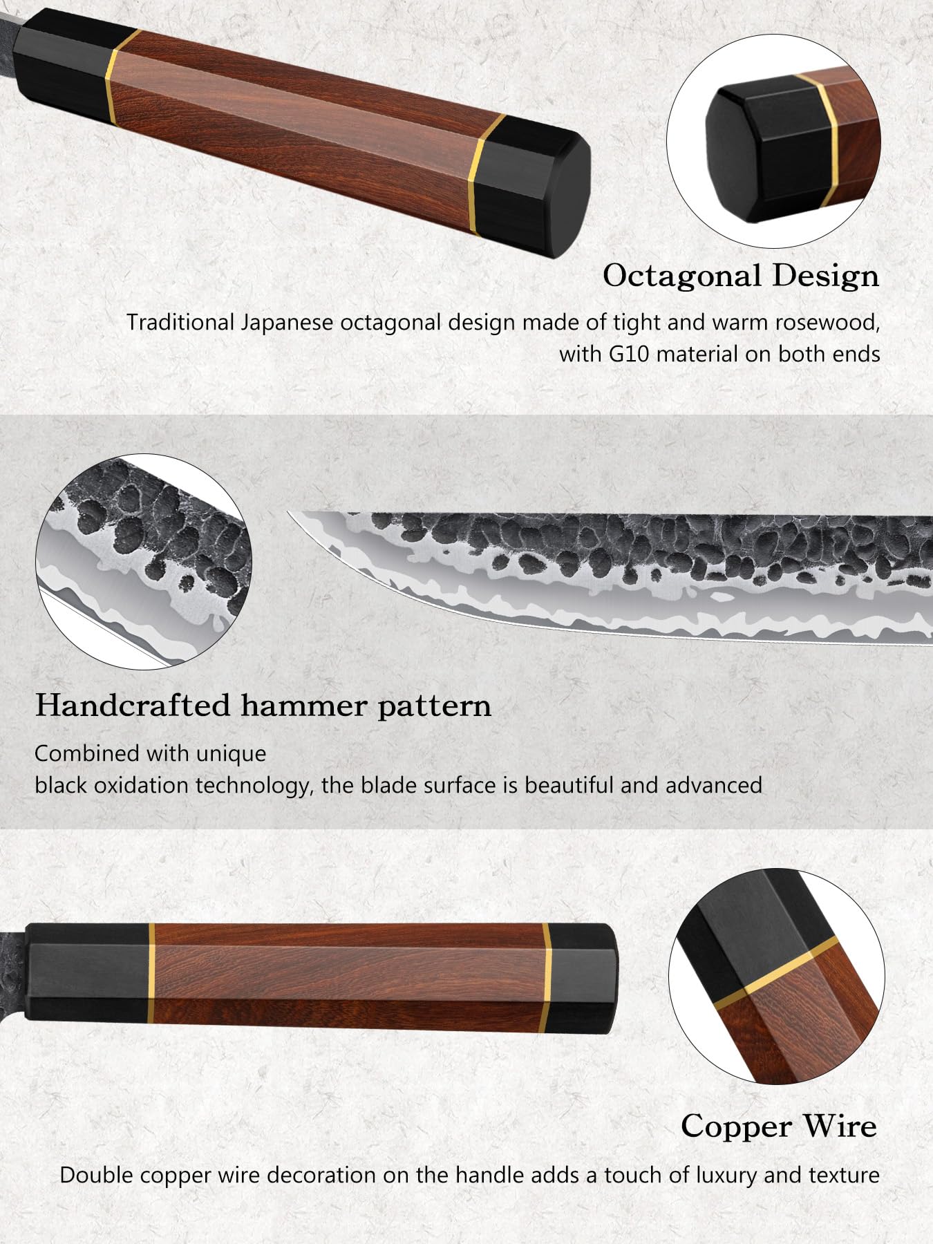 HOSHANHO ergonomic handle with G10 and rosewood for comfortable grip