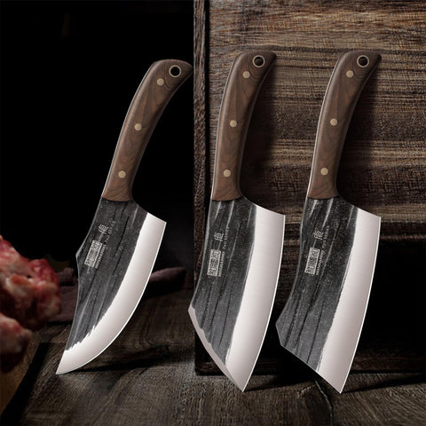HOSHANHO hammered-edge blade reduces sticking during meat prep