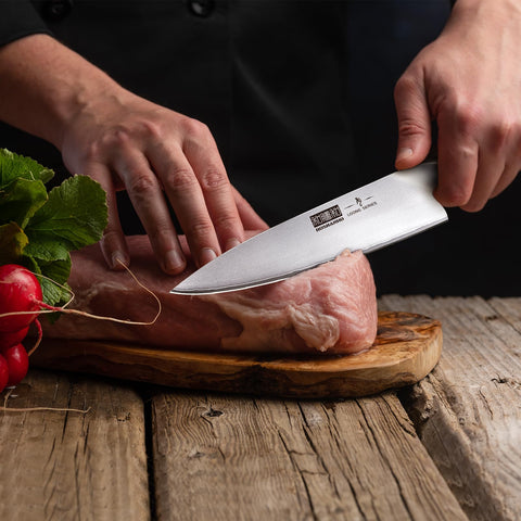 HOSHANHO wood handle detail improves grip stability during everyday slicing.