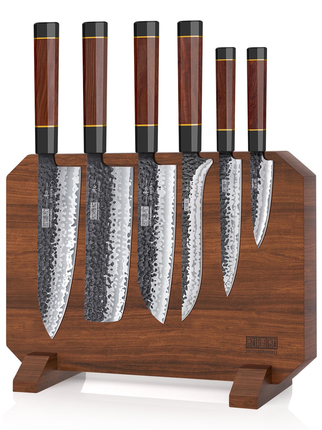 HOSHANHO knife set with magnetic block keeps knives organized and within easy reach.