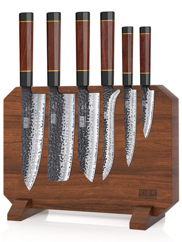 HOSHANHO knife set with magnetic block keeps knives organized and within easy reach.
