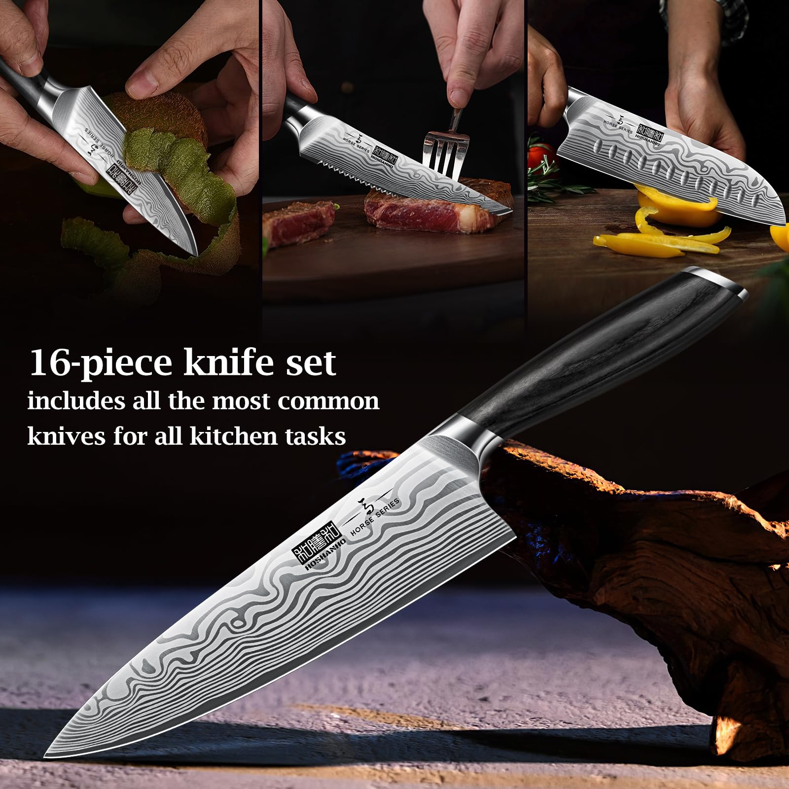 HOSHANHO included knife sharpener helps maintain edge performance.