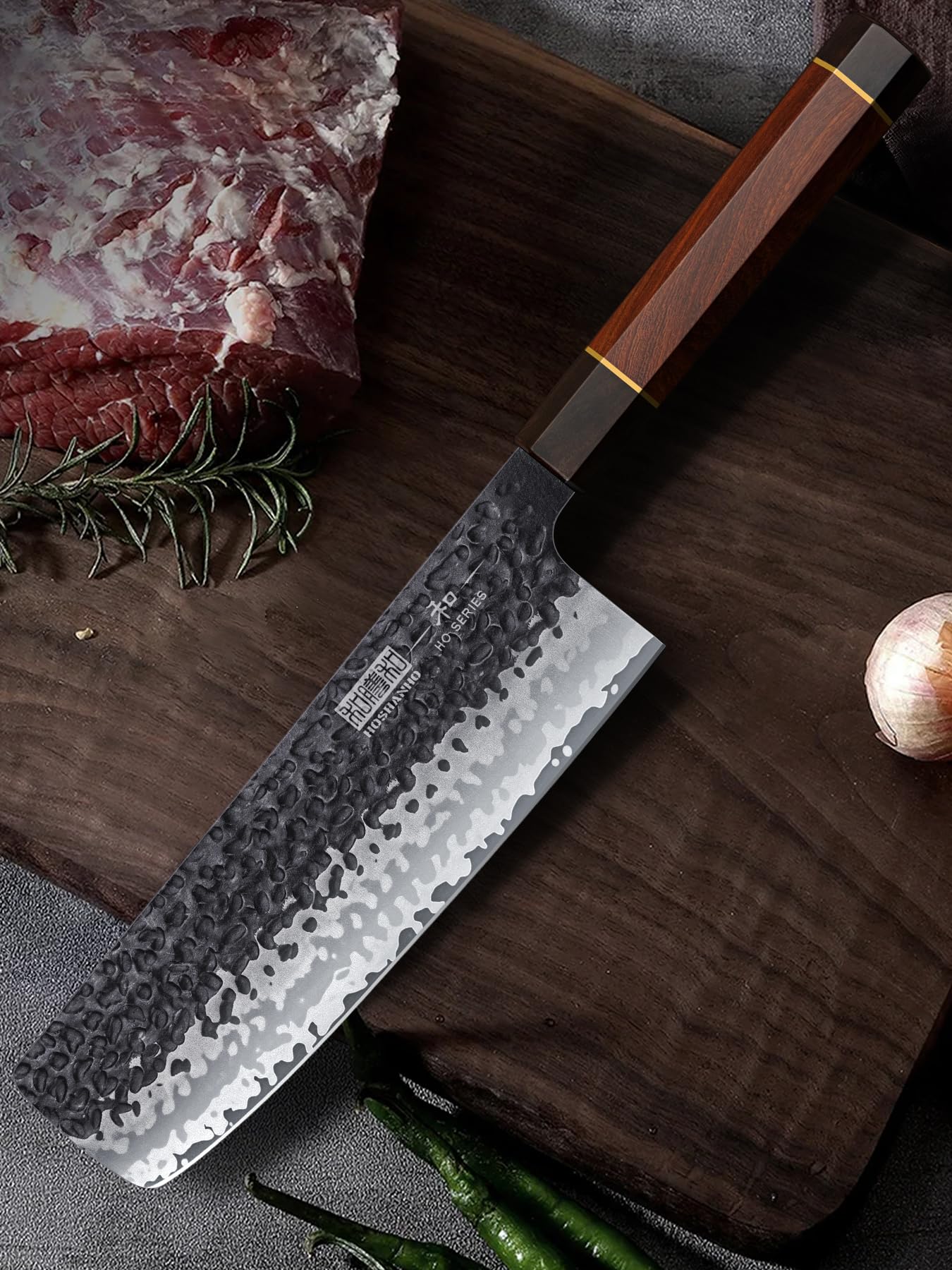 Balanced cutting action of HOSHANHO Nakiri enables fast, uniform vegetable prep.