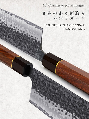 Hammered texture on HOSHANHO Nakiri blade reduces sticking and improves release.