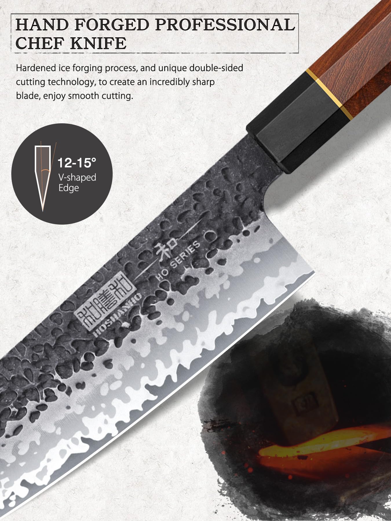 HOSHANHO nakiri knife near block showcases ergonomic handle for comfortable use.