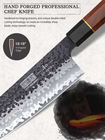 HOSHANHO nakiri knife near block showcases ergonomic handle for comfortable use.