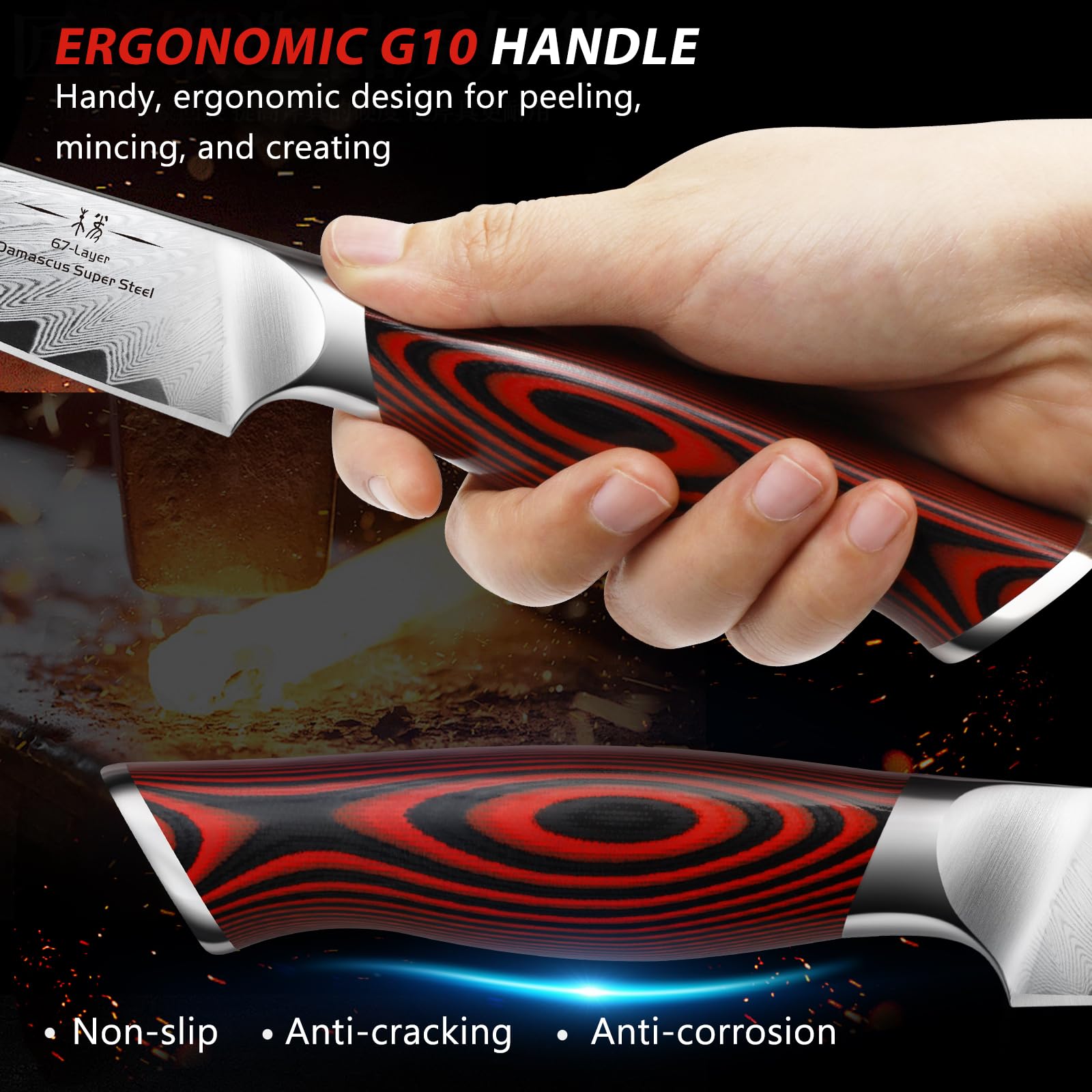 HOSHANHO paring knife shows Damascus pattern on blade for durability and style.