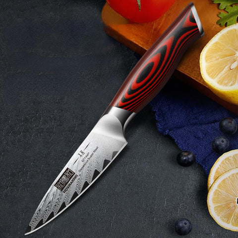 HOSHANHO gift-ready paring knife shown beside a cutting board for kitchen prep.