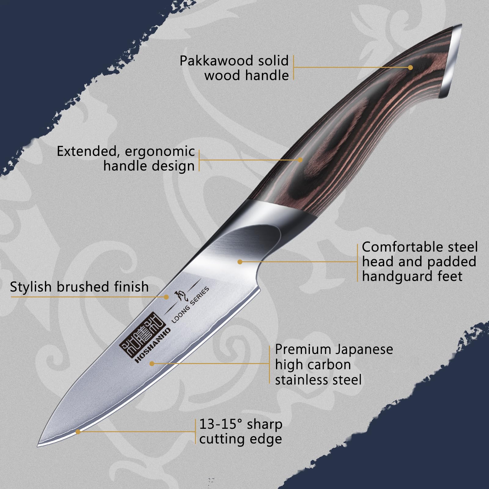 HOSHANHO paring knife pakkawood handle provides ergonomic comfort during slicing.