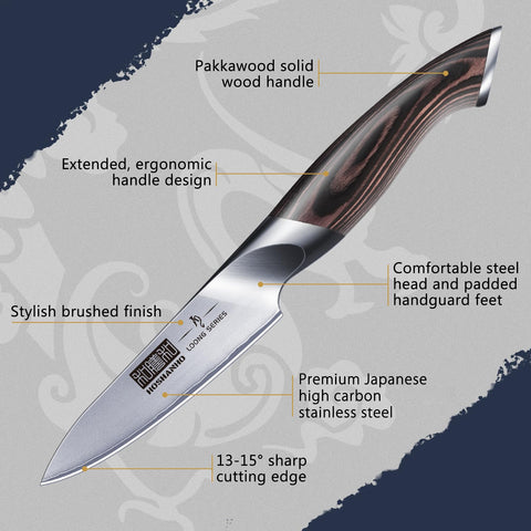 HOSHANHO paring knife pakkawood handle provides ergonomic comfort during slicing.