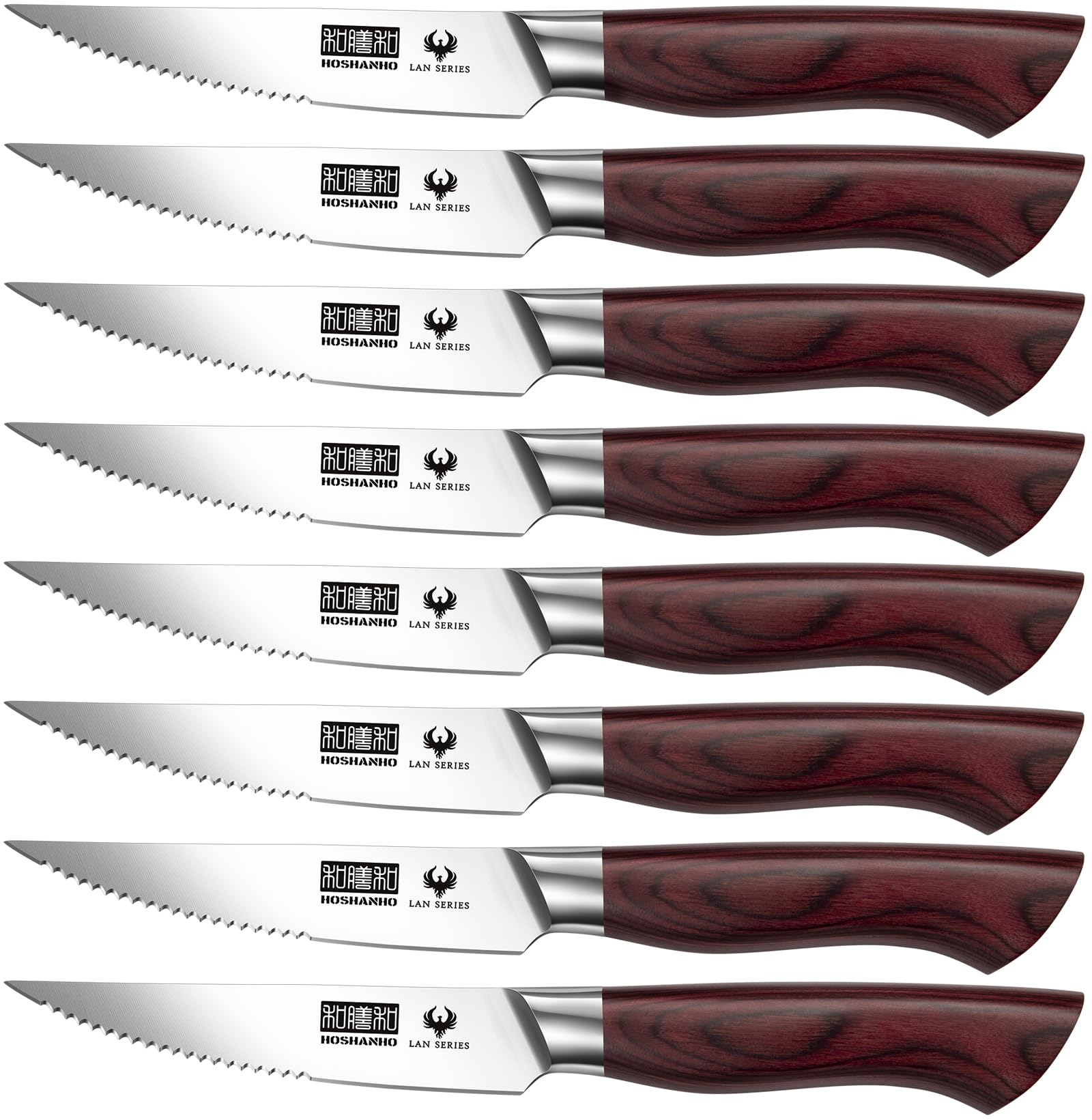 HOSHANHO 8-piece steak knife set on display for dinner service, precise slicing.