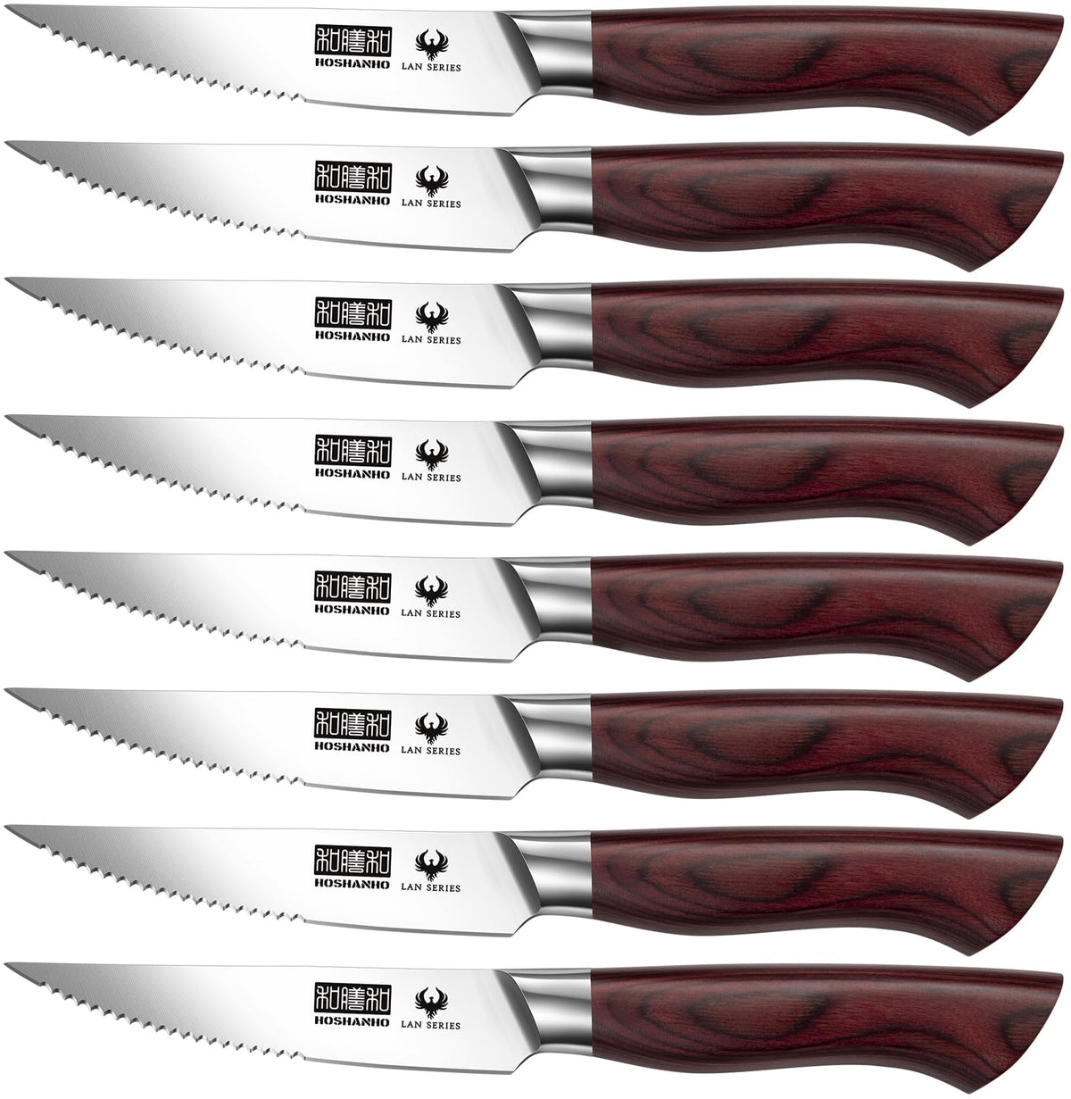 HOSHANHO 8-piece steak knife set on display for dinner service, precise slicing.