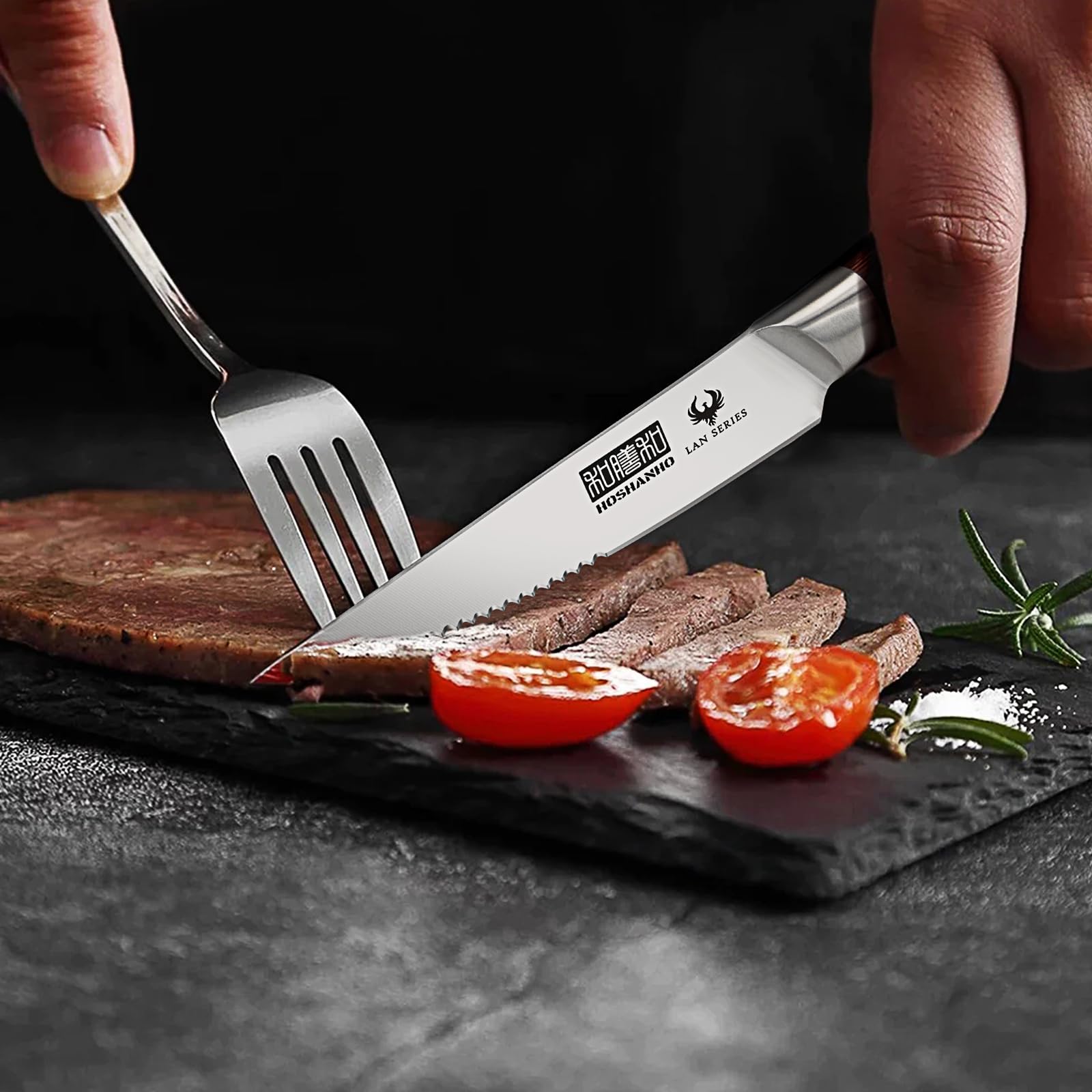 HOSHANHO steak knives in dining setup; ideal for home entertaining.
