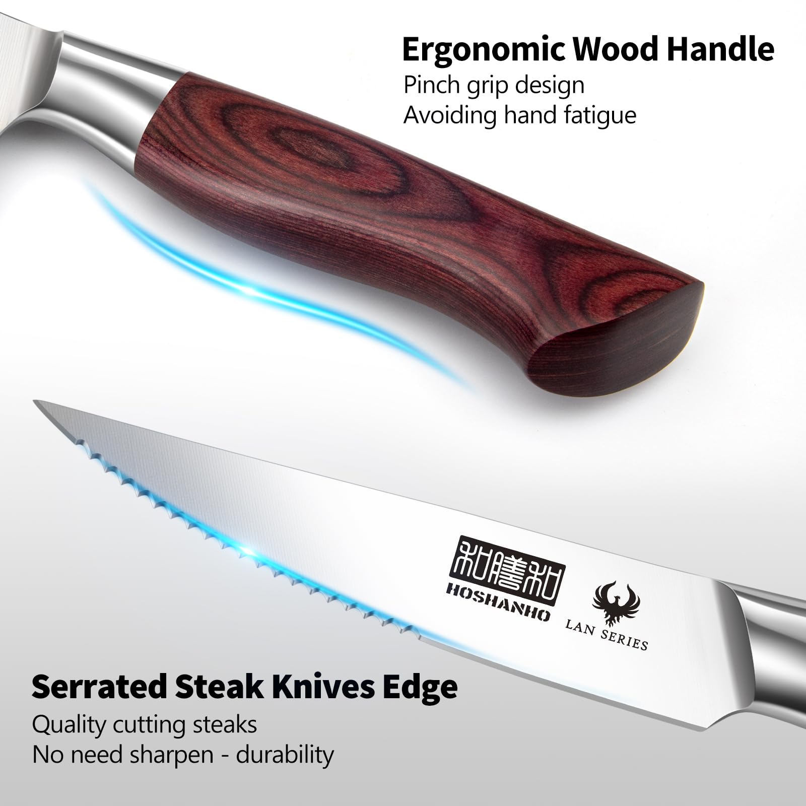 HOSHANHO ergonomic wood-handle knife; comfortable grip for extended use.