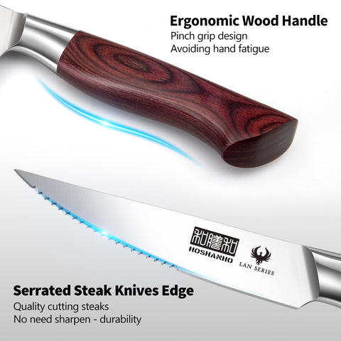 HOSHANHO ergonomic wood-handle knife; comfortable grip for extended use.