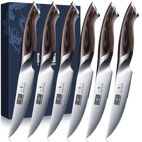 HOSHANHO steak knives 6-pack close-up showing sharp blades for precise slicing.
