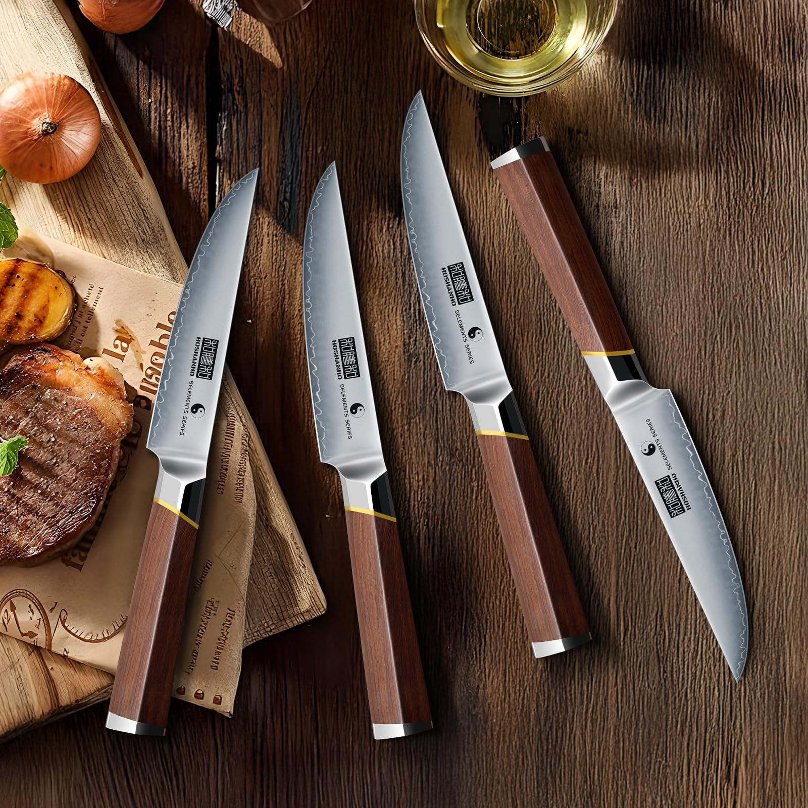 HOSHANHO steak knife in dining use demonstrates effortless steak slicing at home