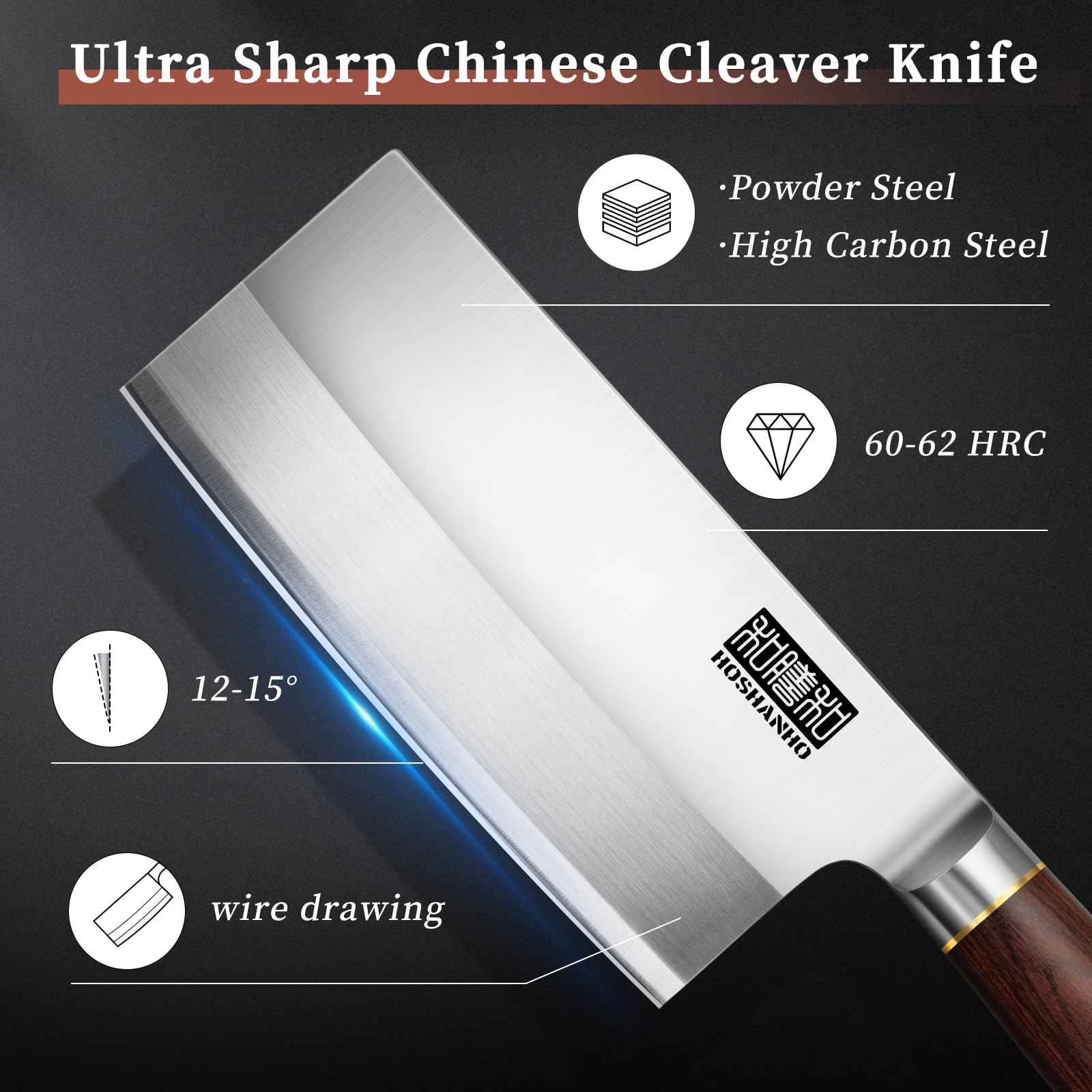 HOSHANHO Ultra Sharp Cleaver wooden handle full tang demonstrates balanced grip and safety.