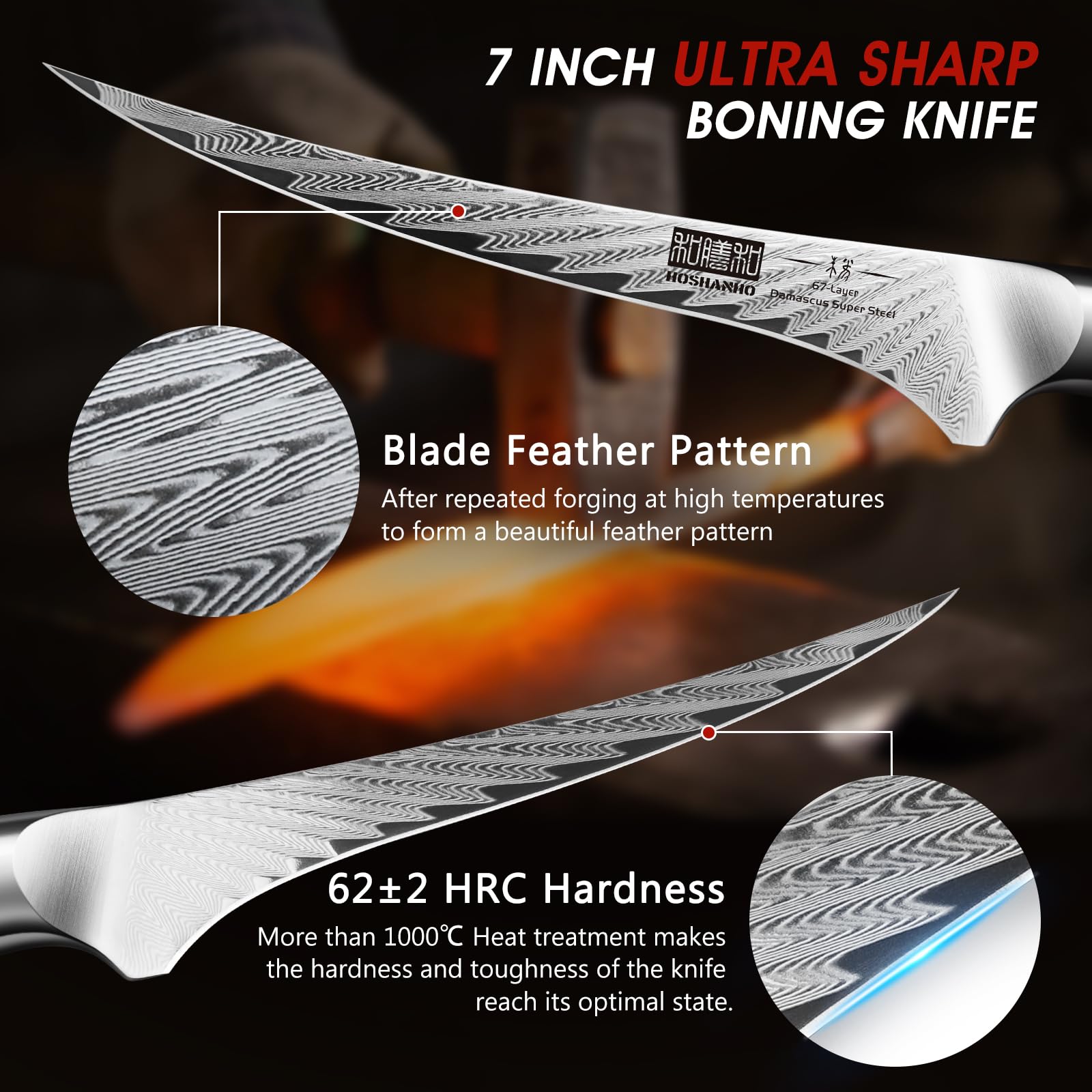 HOSHANHO V-blade edge with 3-step sharpening for clean cuts.