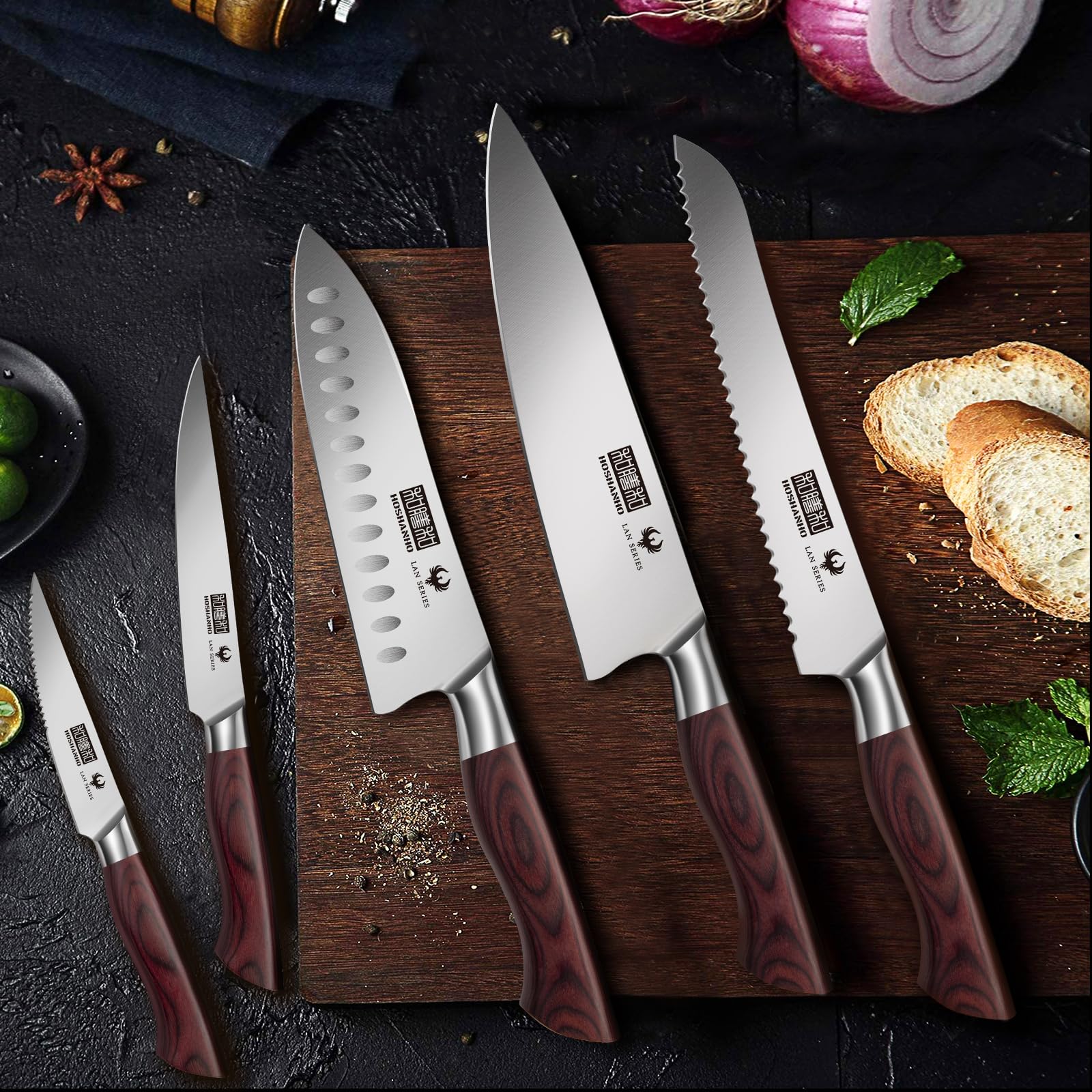 HOSHANHO wood block with knives keeps counters tidy and accessible