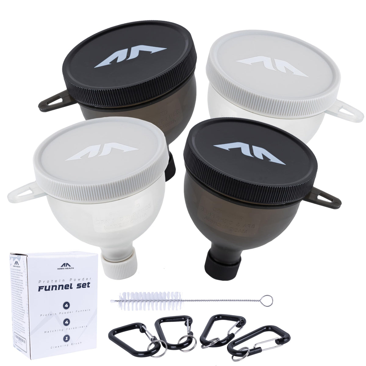 HOSHI HEALTH protein powder funnel black angled view for mess-free on-the-go pouring.