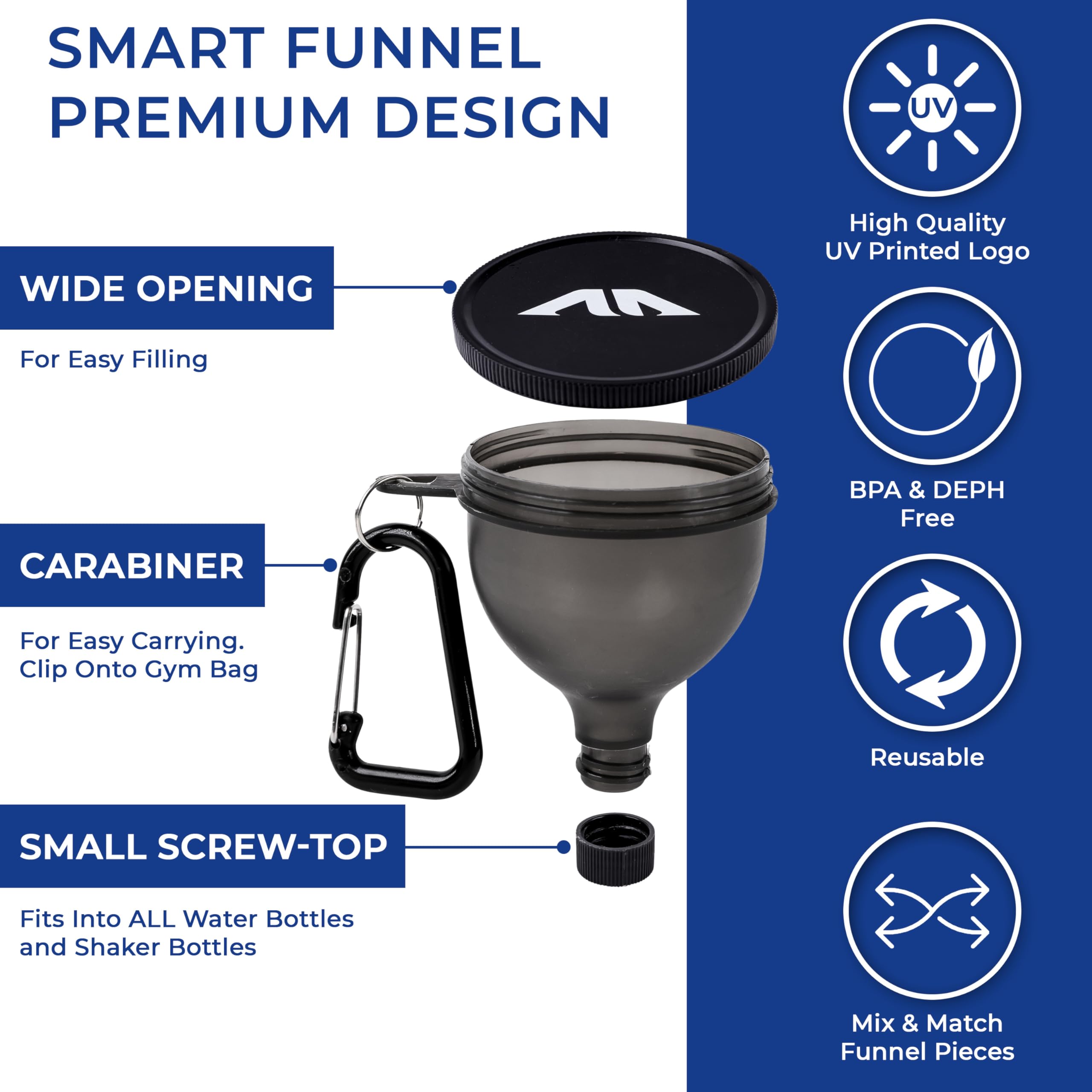 HOSHI HEALTH gray protein powder funnel angled view ideal for travel.