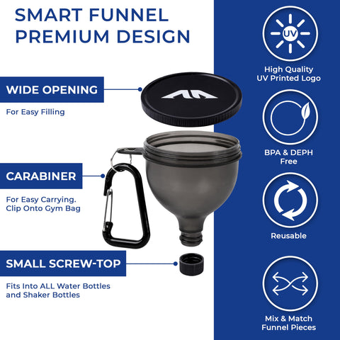 HOSHI HEALTH gray protein powder funnel angled view ideal for travel.