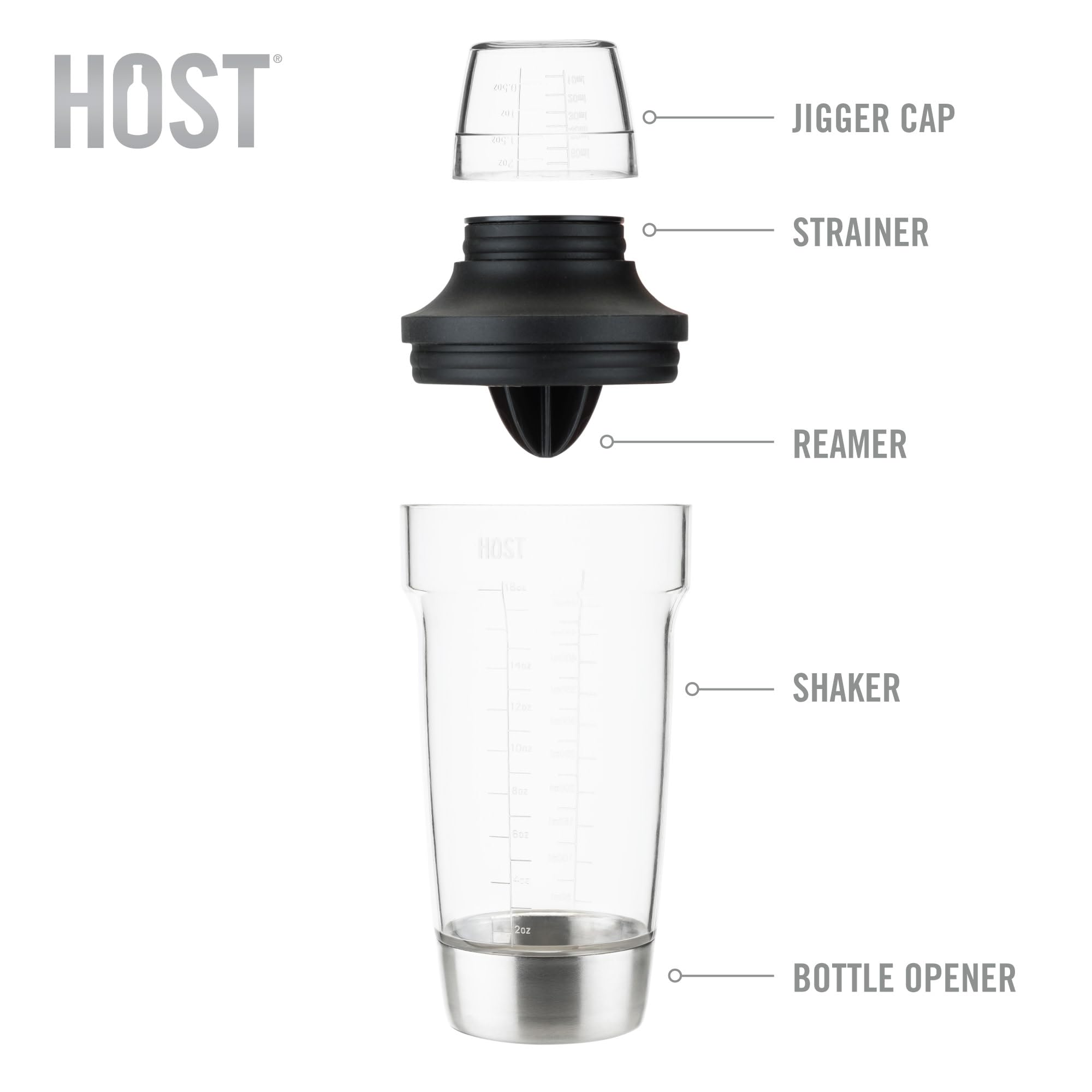 Host All-in-One Cocktail Shaker with hidden bottle opener for quick caps
