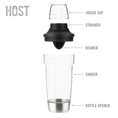 Host All-in-One Cocktail Shaker with hidden bottle opener for quick caps