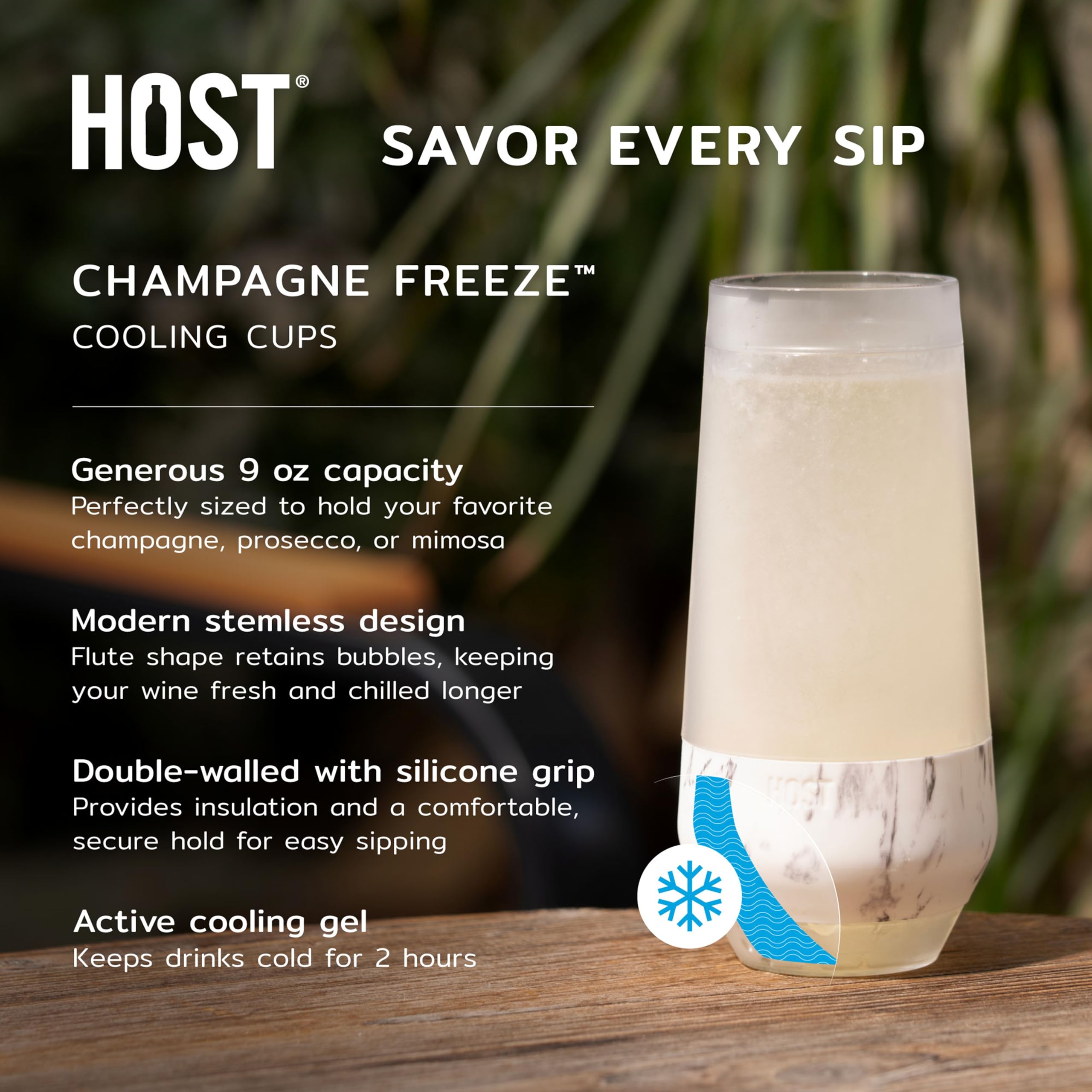 Host Champagne Freeze glass shown freezer-ready with double-wall insulation for cold drinks