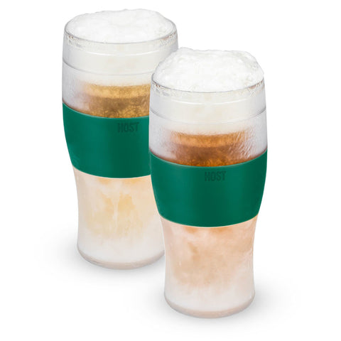 Host Freeze cooling pint glass front view keeping beer icy, ideal for outdoor sipping.