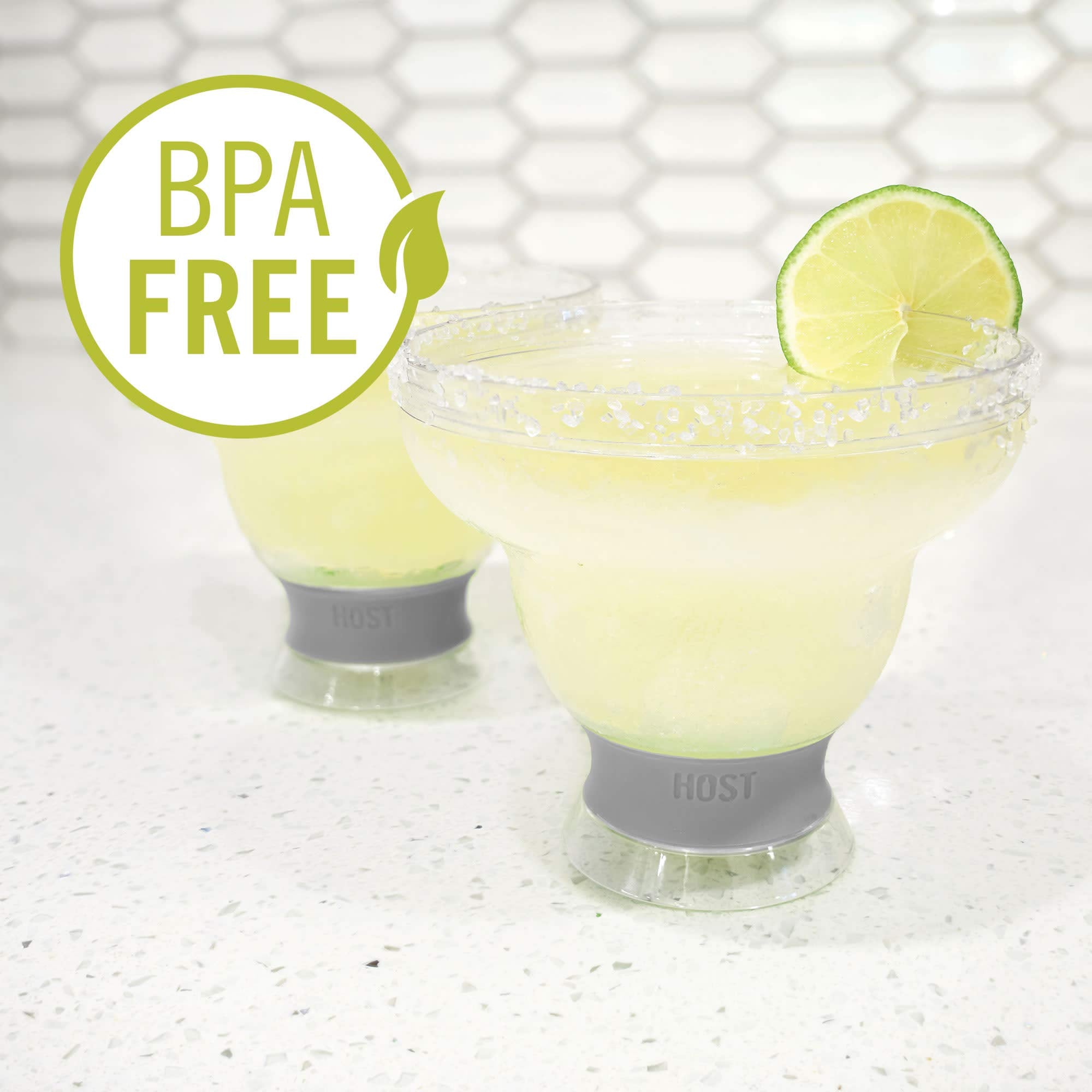 Host Freeze margarita glass silicone-grip closeup emphasizes comfortable insulated band.