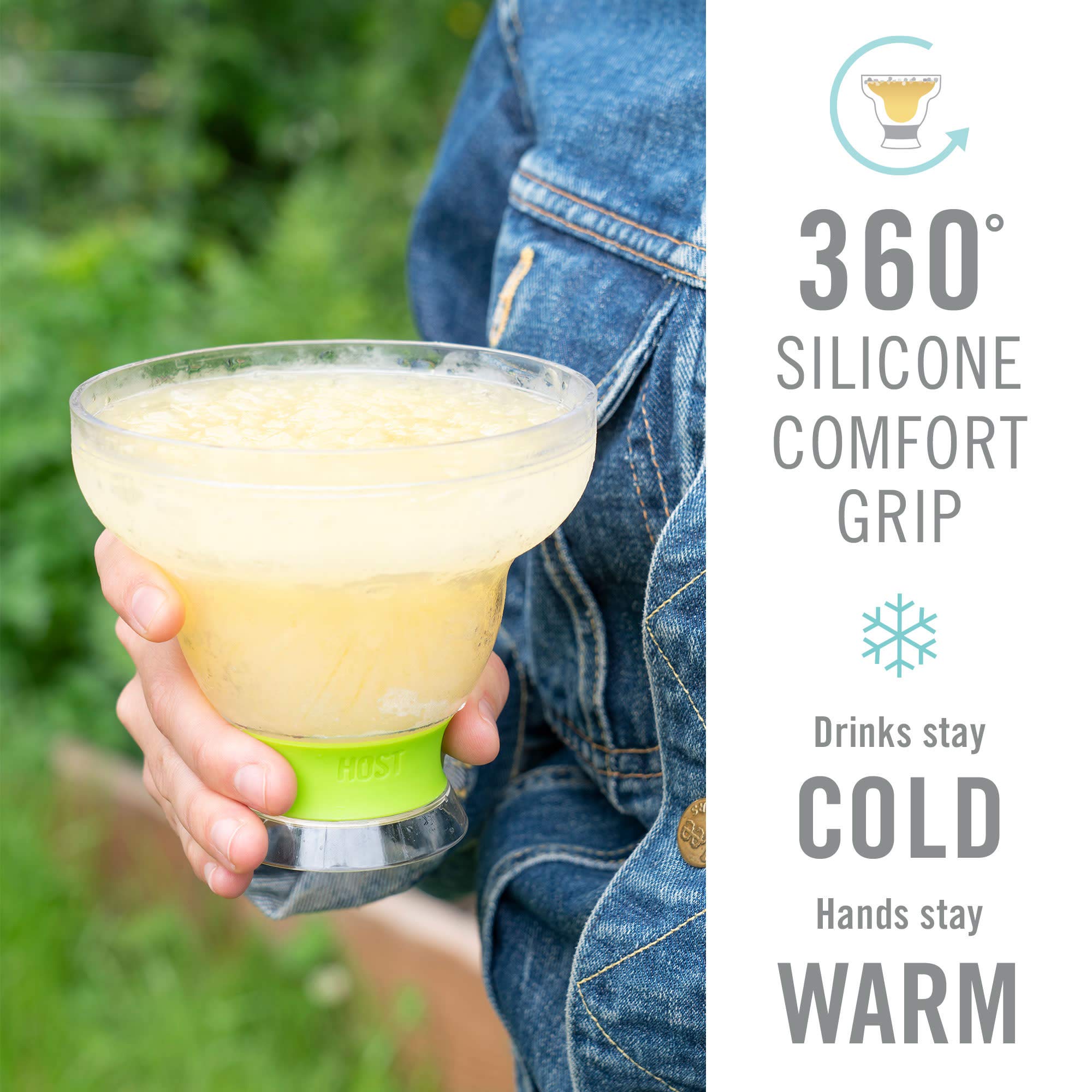 Host Freeze margarita glass top view highlighting slim rim and cooling gel feature.