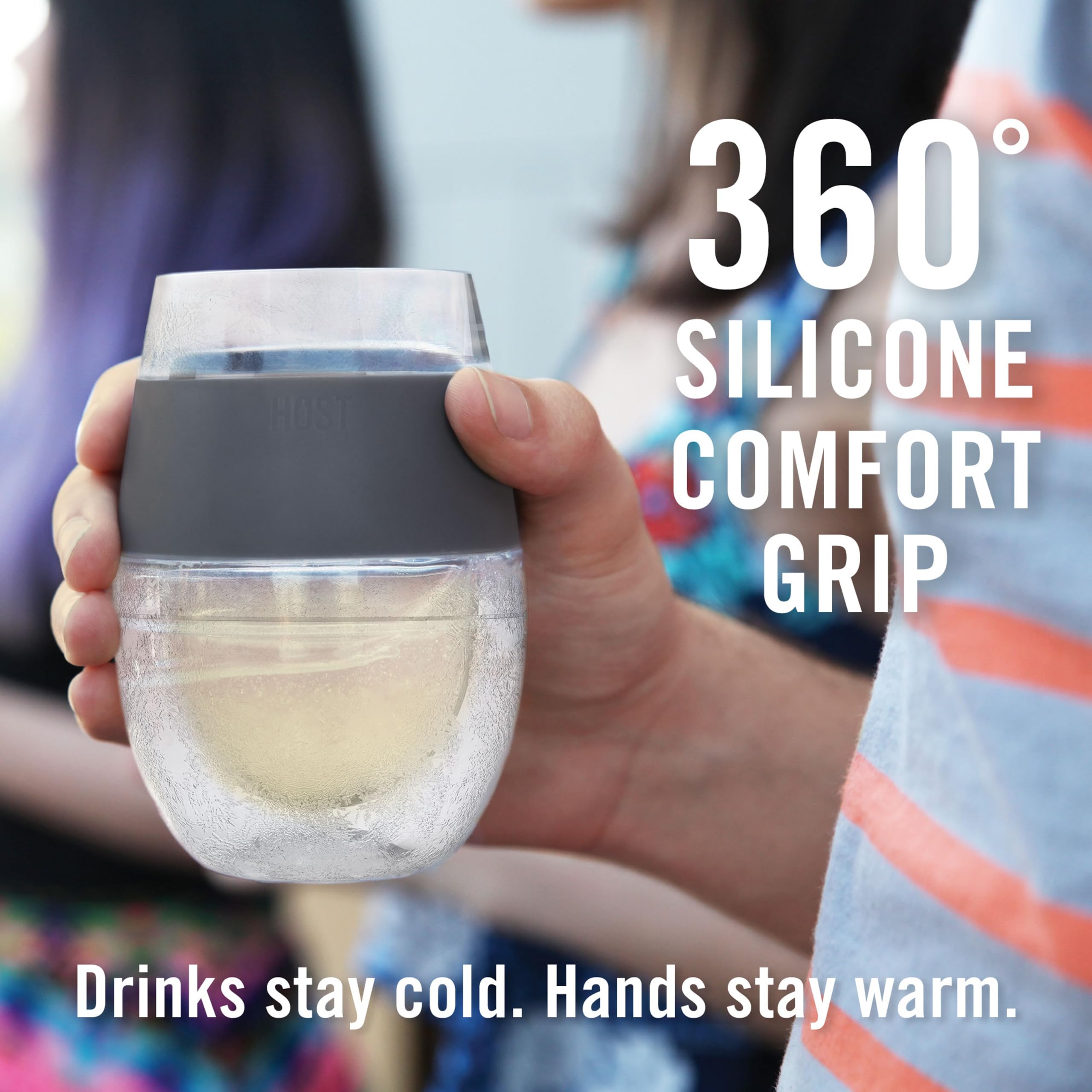 Host Wine Freeze silicone band provides comfortable handling while keeping wine cold.