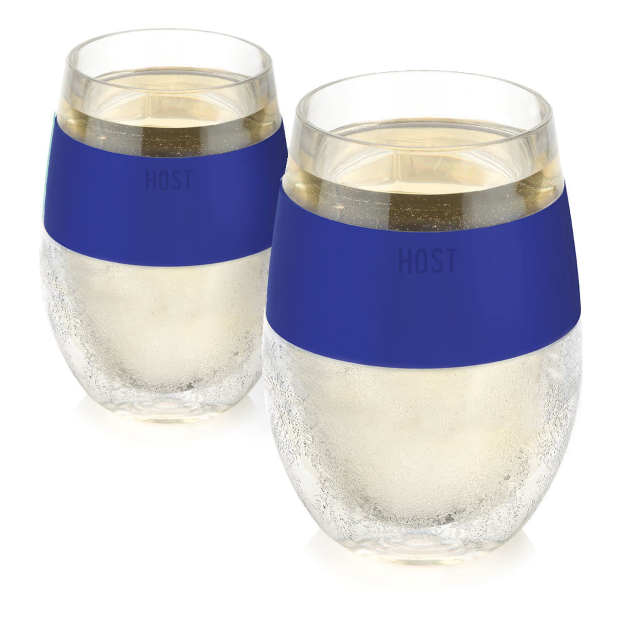 Host Wine Freeze Cup blue front view with silicone grip for cool, spill-free wine sipping.