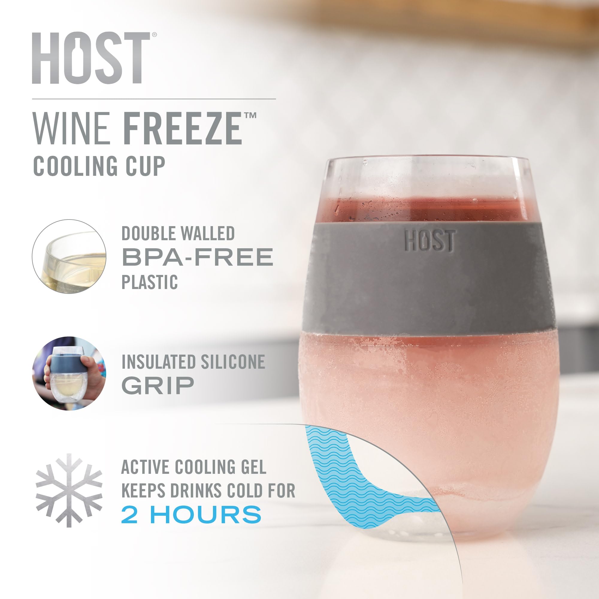 Host Wine Freeze Cup blue side view highlighting double-wall insulation preserves wine temperature.