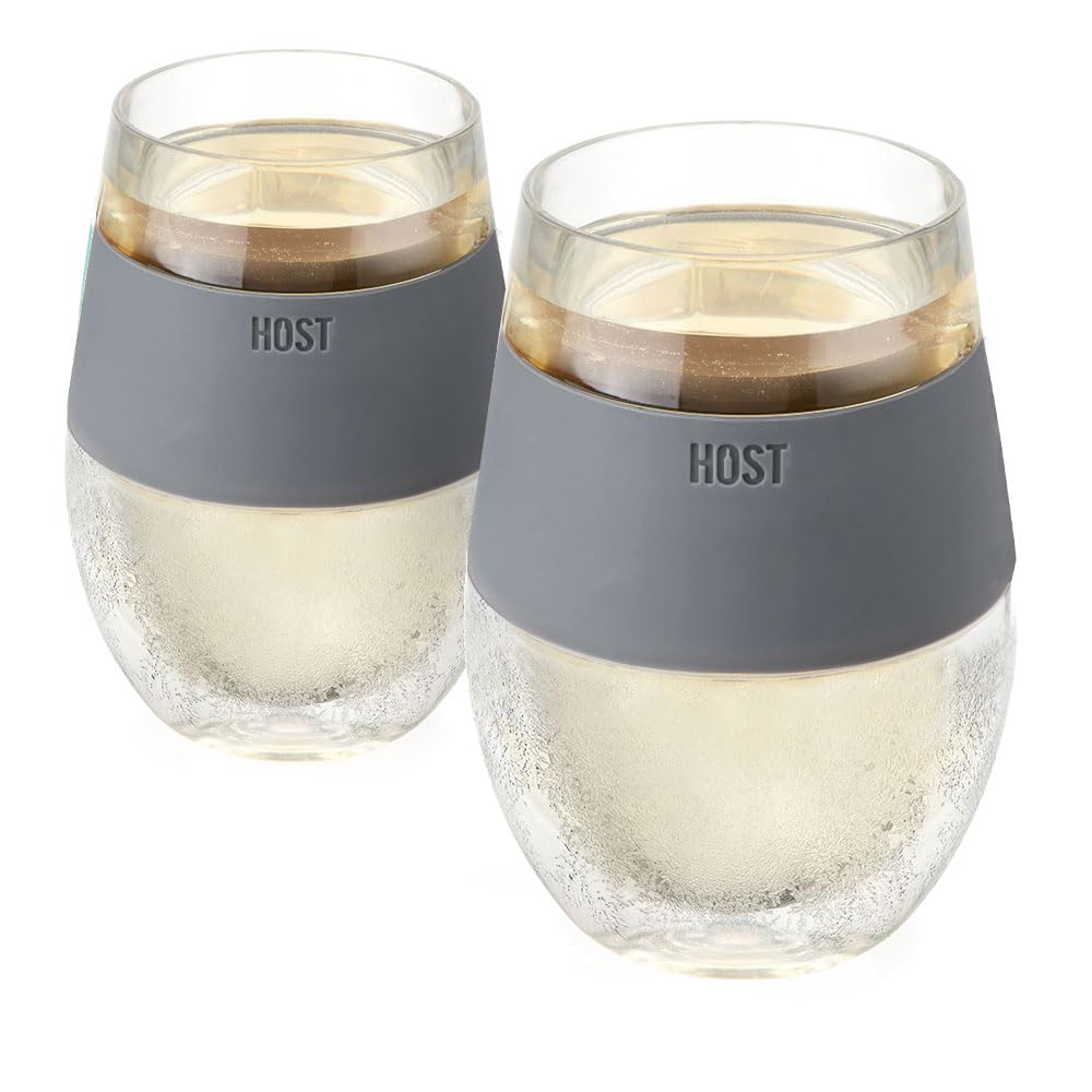 Host Wine Freeze Cup set in clear plastic with stemless shape, designed for easy handling and temperature control.