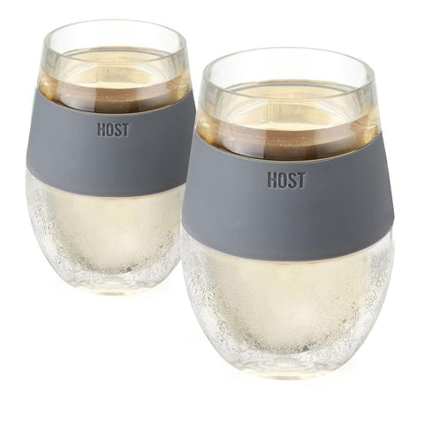 Host Wine Freeze Cup set in clear plastic with stemless shape, designed for easy handling and temperature control.