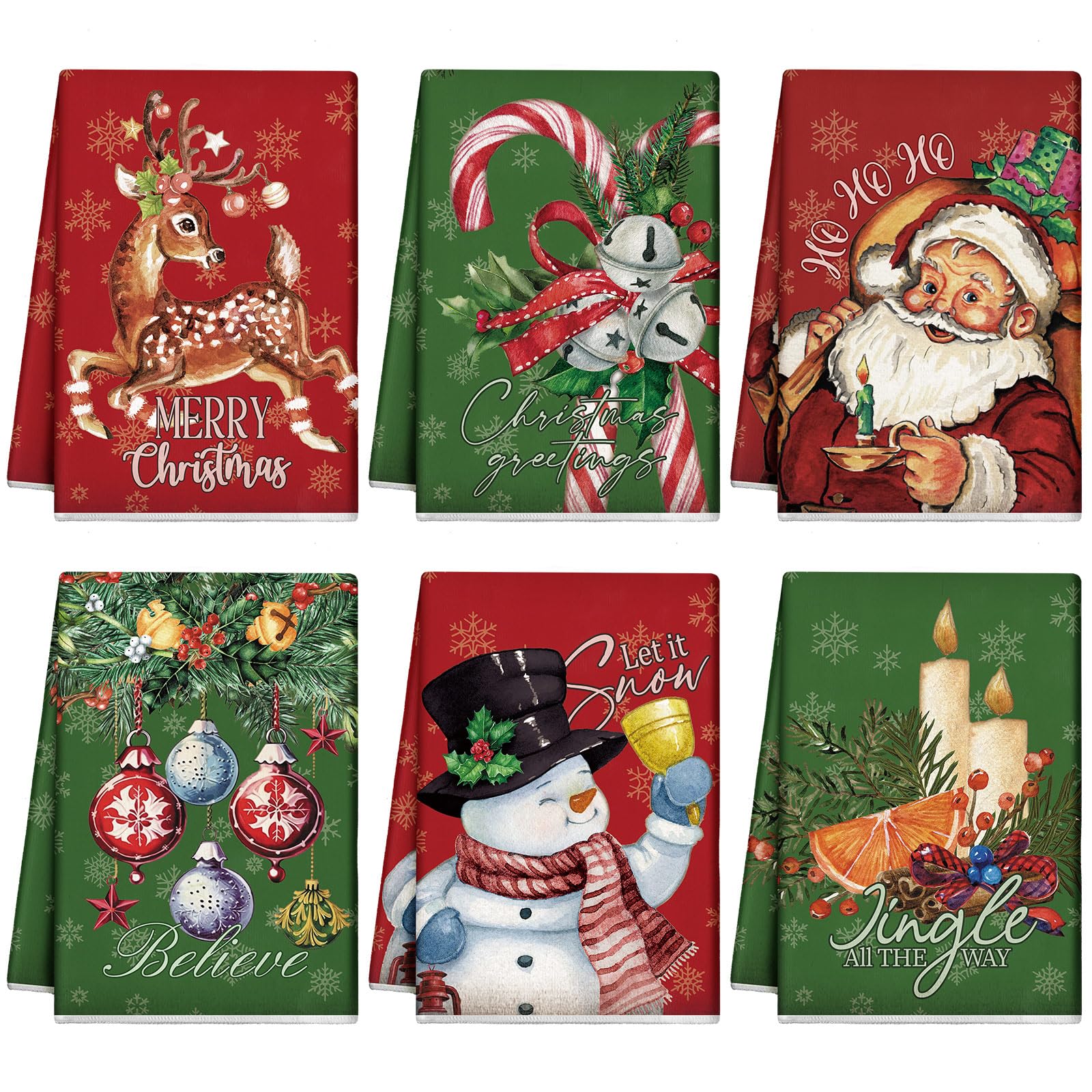 Hosuly 6-pack vintage Christmas towels add festive kitchen charm.