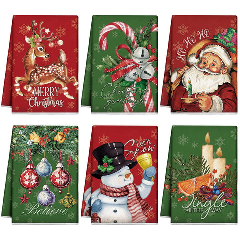 Hosuly 6-pack vintage Christmas towels add festive kitchen charm.