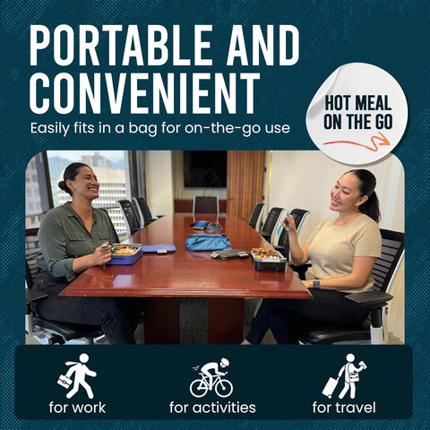 Hot Bento cordless design, battery-powered heating for on-the-go meals.