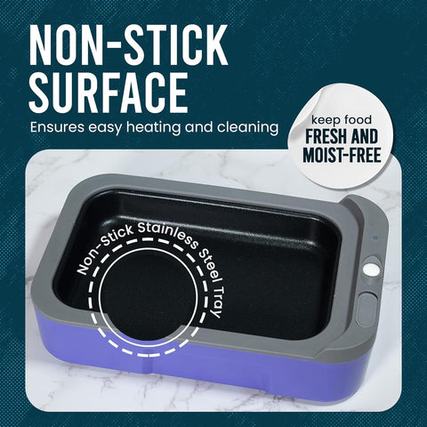 Hot Bento lid-open with stainless steel tray showing easy cleaning and reheating.