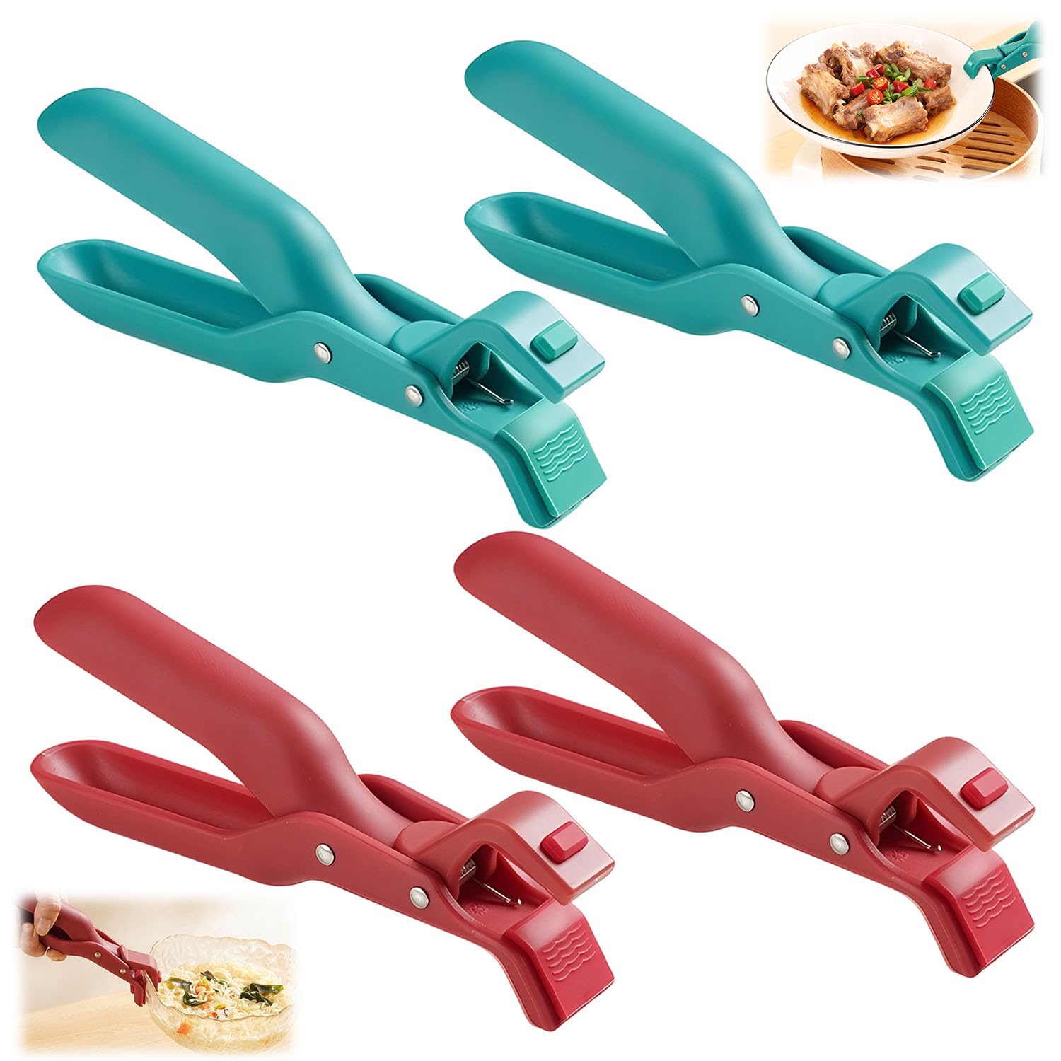 Hot Plate Gripper Tongs with silicone non-slip clip for bowls and pans; anti-scald grip for safe handling.