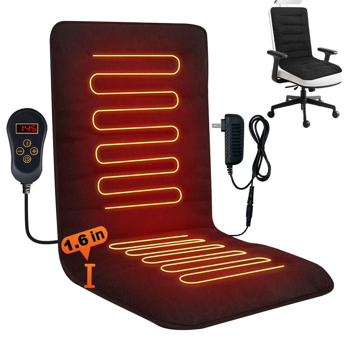 HotCalyto heated seat cushion on an office chair delivering cozy warmth for extended work sessions