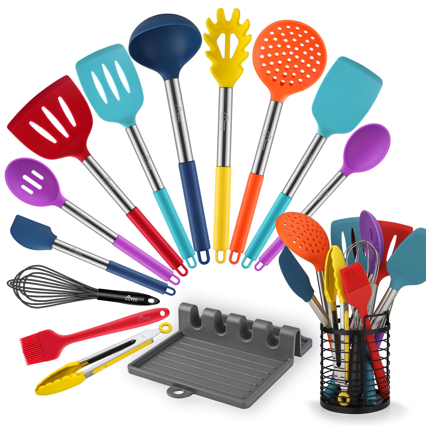 HOTEC 446f heat-resistant silicone utensils set protecting nonstick cookware.
