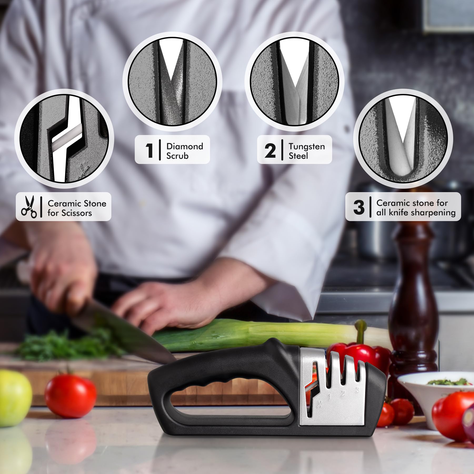 HOTEC 4in1 knife sharpener with diamond rods stage for precise edge refinement