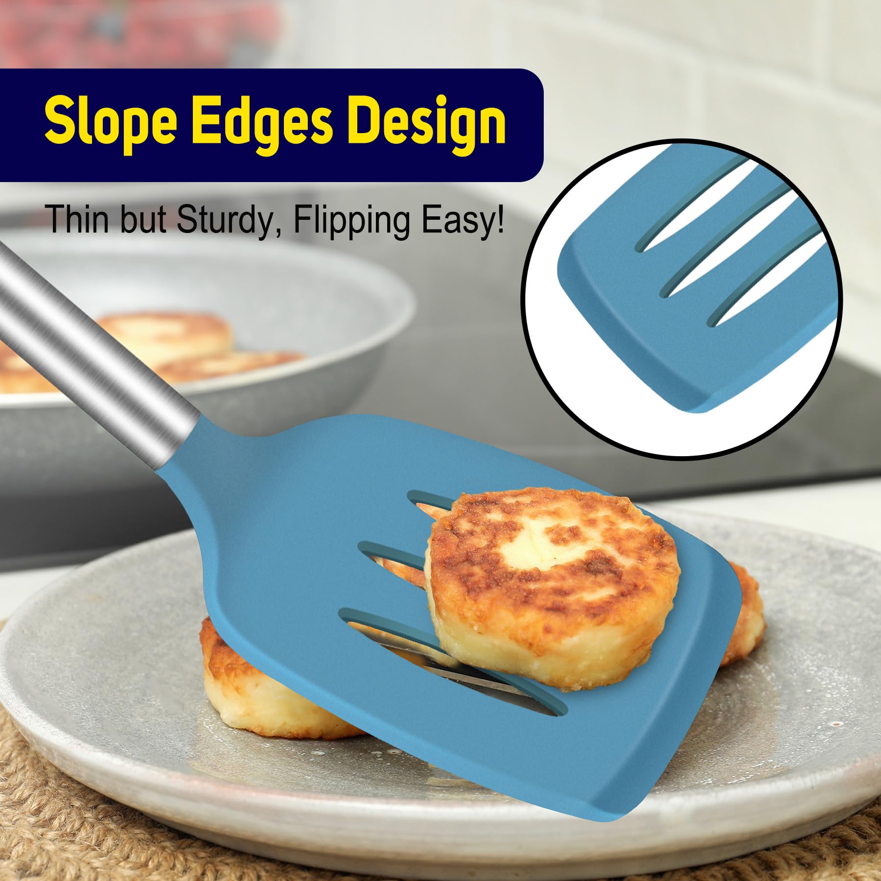 HOTEC dishwasher-safe spatula set in blue, quick cleanup after cooking.