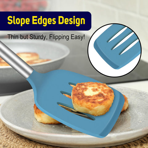 HOTEC dishwasher-safe spatula set in blue, quick cleanup after cooking.
