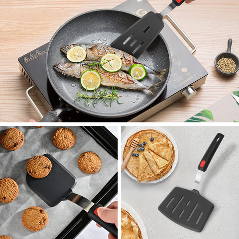 Hotec ergonomic arc-handle spatula with comfortable grip for precise flipping.