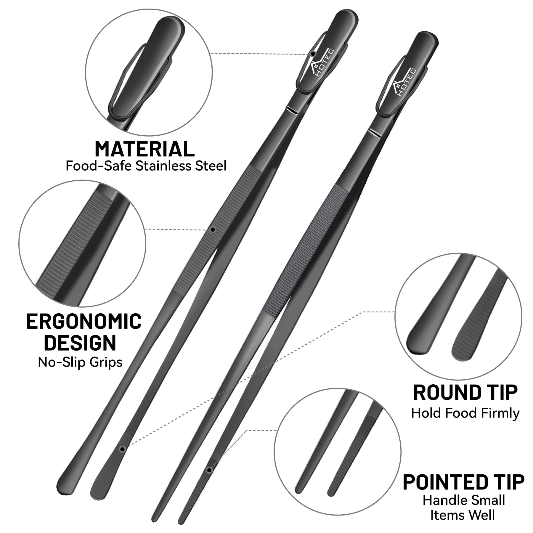 HOTEC extended 12-inch length keeps distance from heat for safety.